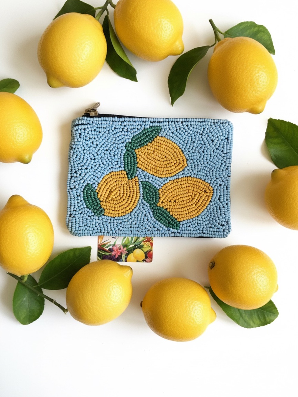 Source Unknown Blue Beaded Clutch Wallet with Yellow Lemon Motif